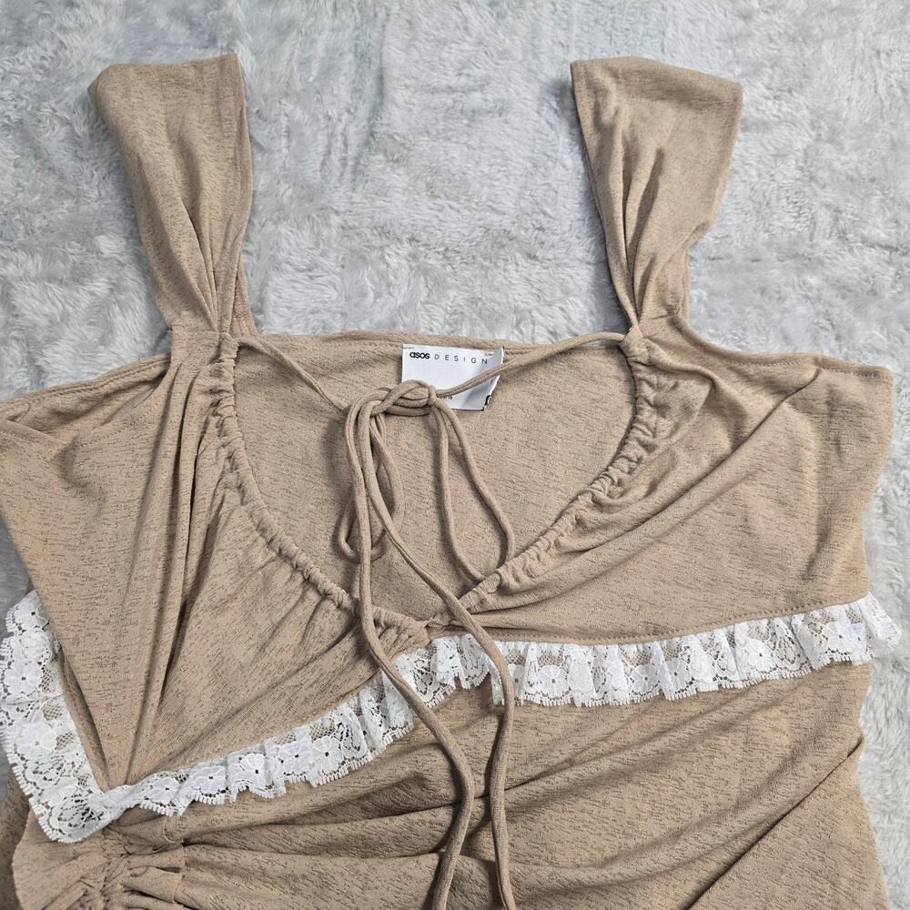 Women's Ruched Lace Trim Mini Dress Mocha Bodycon Fairycore Y2K Sz10 Date Night - Picture 3 of 8